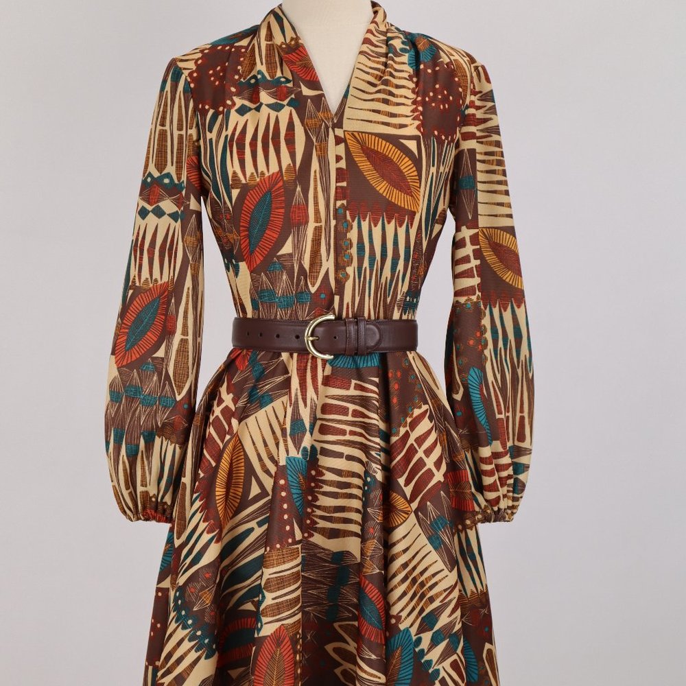 Vtg Tribal Geometric Print Boho Hippie Flared Skirt Rockabilly Dress Ethnic S